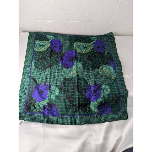 Christian Dior Autumn Green Hues Violet Floral & Paisley 100% Silk Square Scarf - Picture 3 of 8